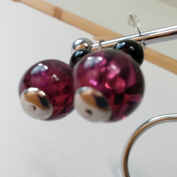 925 Sterling Silver Shepherd Hook Purple and Black Glass Bead Earrings - Picture 3 of 4